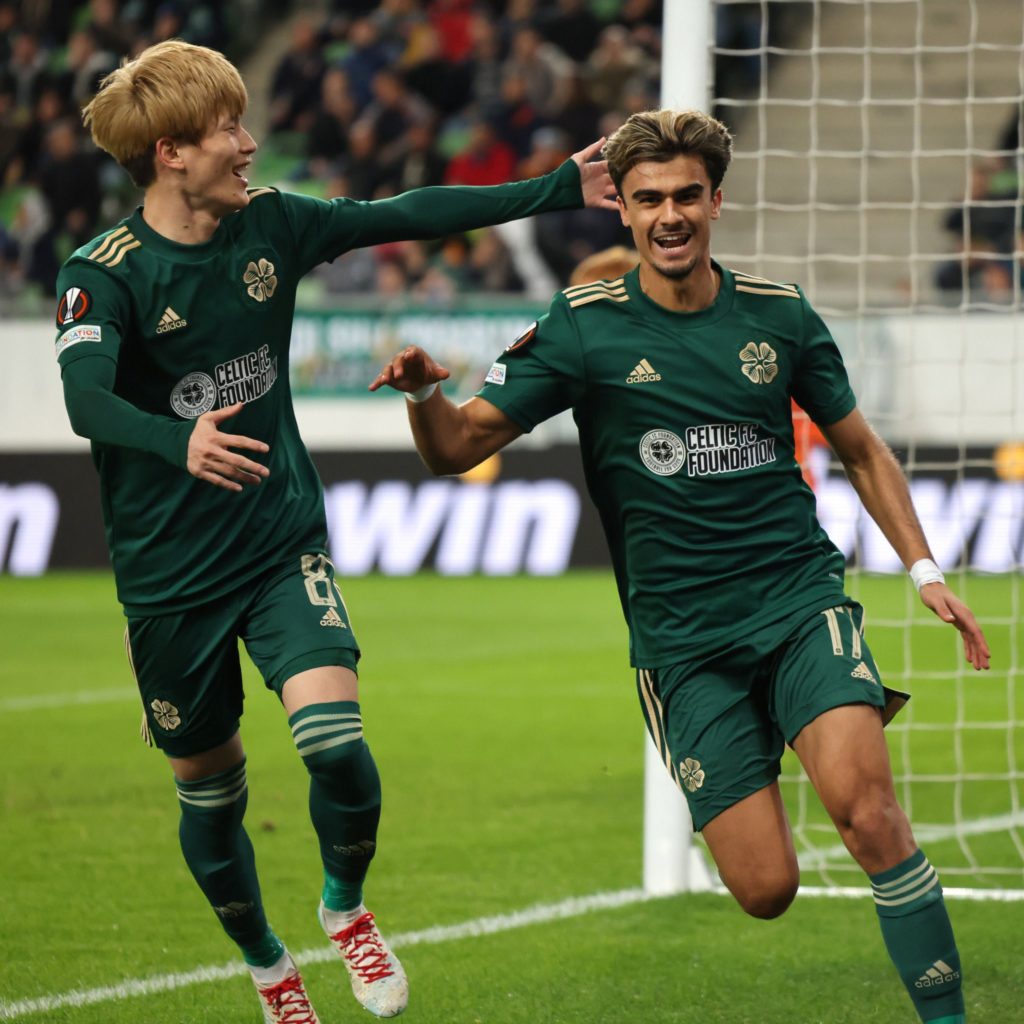 Celtic's Joao Neves Filipe Jota celebrates scoring their side's